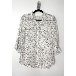 Soup Floral Ruffle Tie Neck‎ Button Down Blouse White Yellow 3/4 Sleeve Top